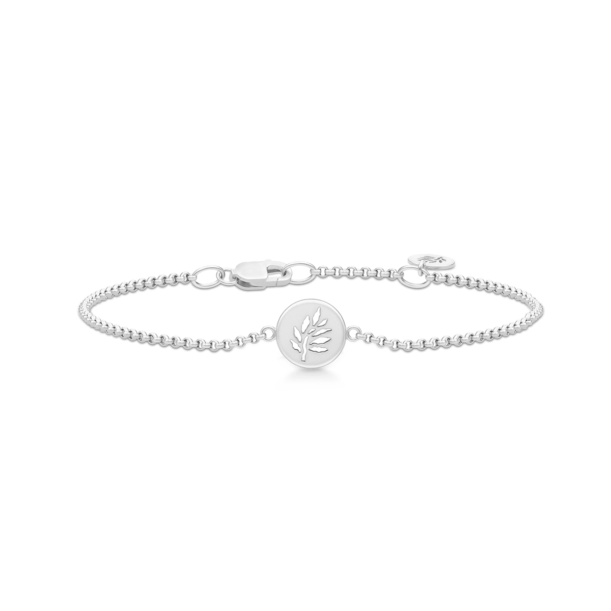 Signature Bracelet i satinrhodinert sølv, kjedearmbånd med rundt anheng med utskåret bladmotiv.