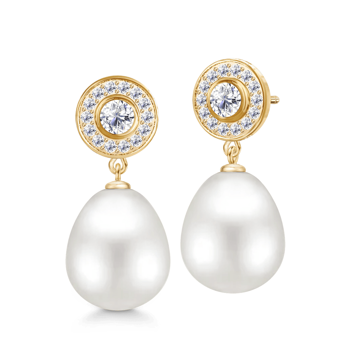 Heritage Earstuds med Elegance øreanheng i 18K gult gull – diamanthalo med stor hvit ferskvannsperle, produktbilde