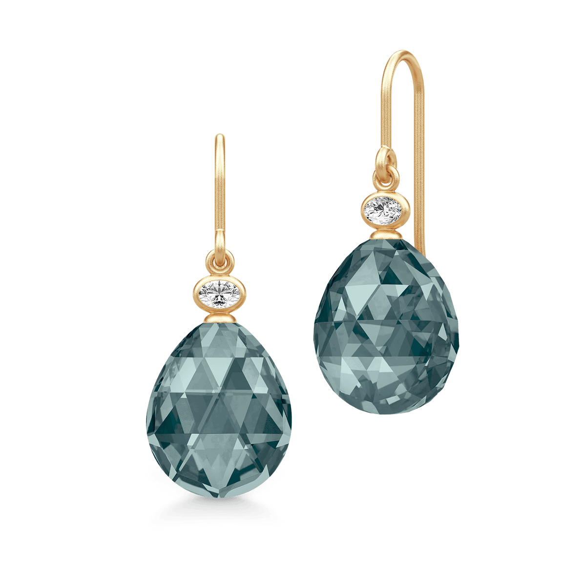 Ofelia øredobber i gull med grågrønn rosenslepet krystall og diamant, produktbilde
