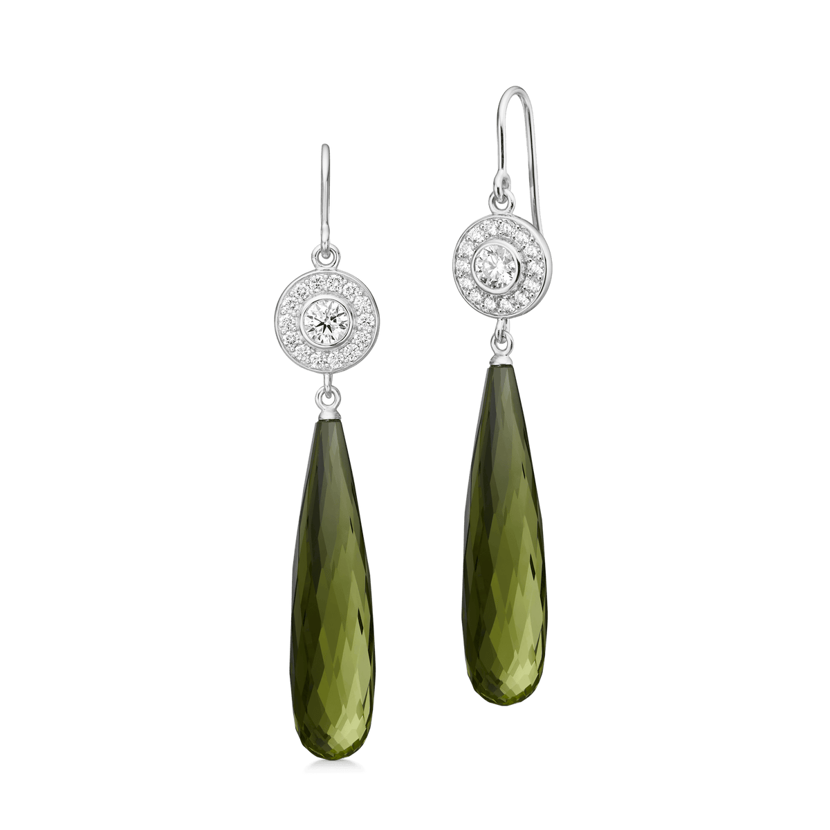 Heritage Earrings med diamantbesatt sirkel og avtakbar olivengrønn kvarts-briolette i hvitt gull, par
