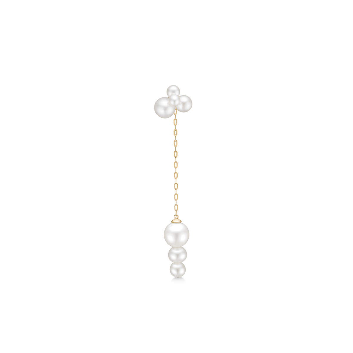 Edna Ear Pendant Look: perleklynge-ørering i gull med kjede og hengende ferskvannsperler i avtagende størrelse.