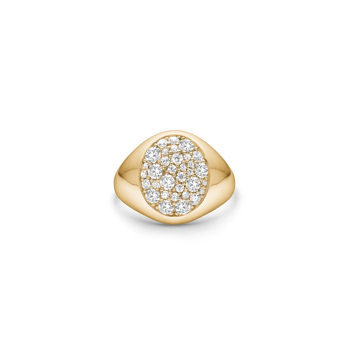 Multipave signetring fra Julie Sandlau i 18 karat gull med ovalt diamantbesatt felt.