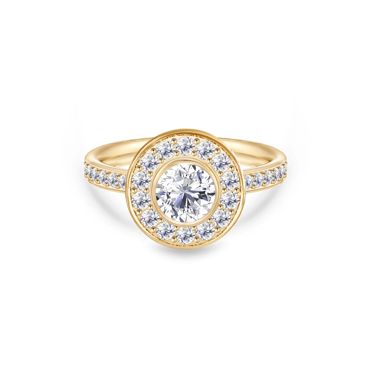 Heritage 0,9 ct. Ring i 18K gult gull med diamanthalo og diamantbesatt skinne, produktbilde