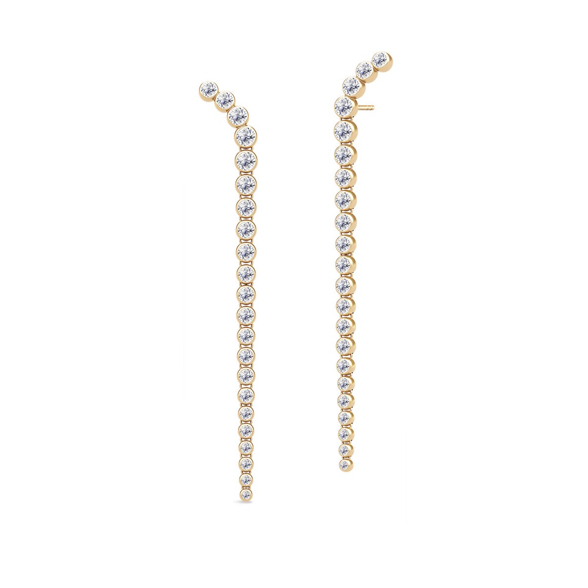 Lumi Chandelier øredobber i gult gull med graderte diamanter i kaskadeform, par, studiobilde.