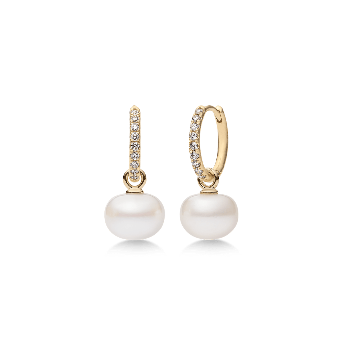 Par diamant-creoleringer i 14K gull med hengende hvite perler
