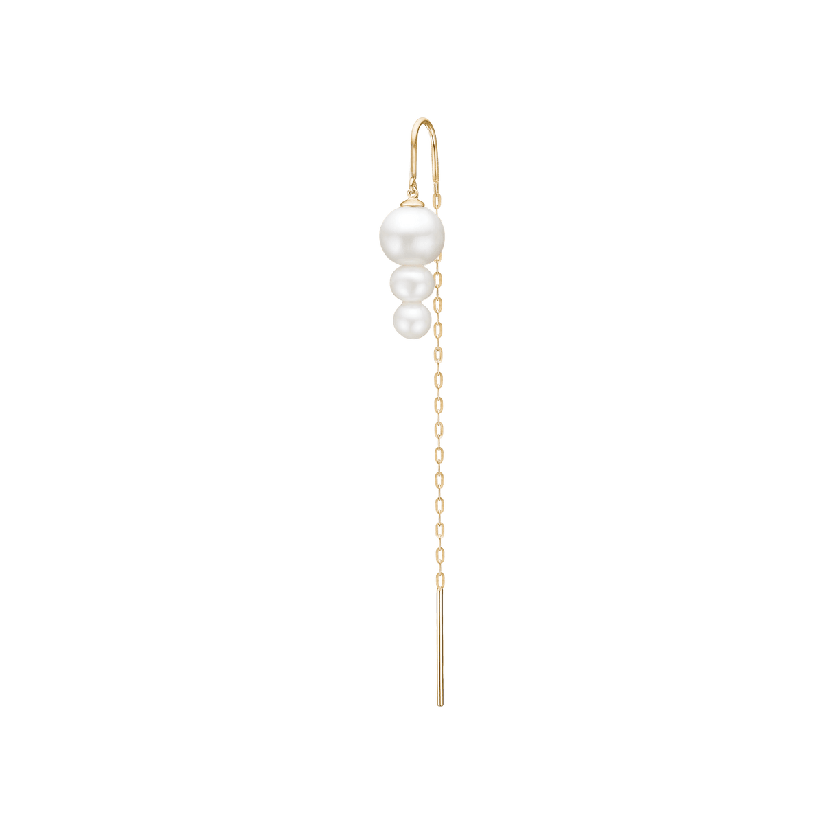 Eden Chain Earring med tre hvite ferskvannsperler og gullkjede, produktbilde