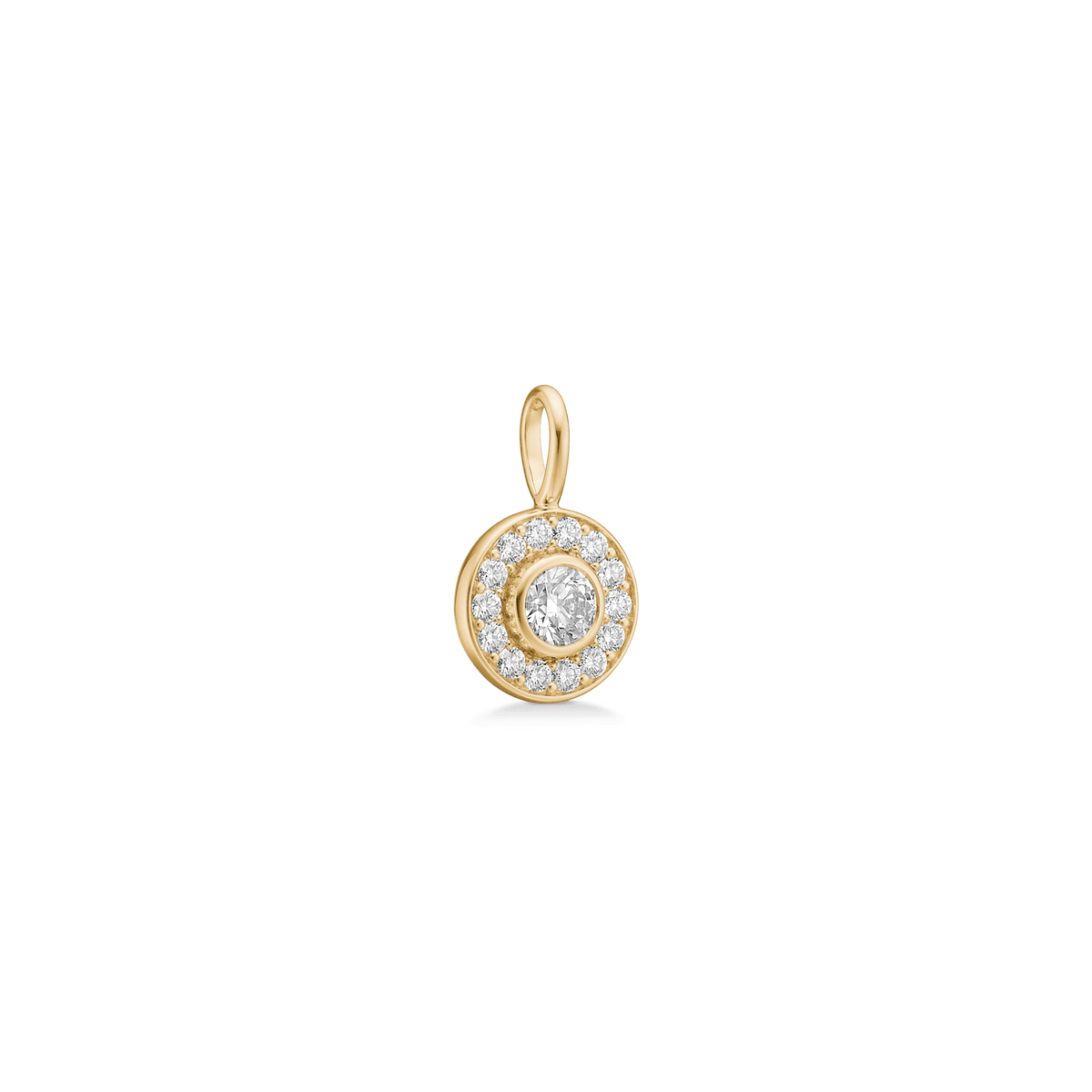Heritage Pendant i 18K gull sett fra siden, rundt halo-design med diamanter