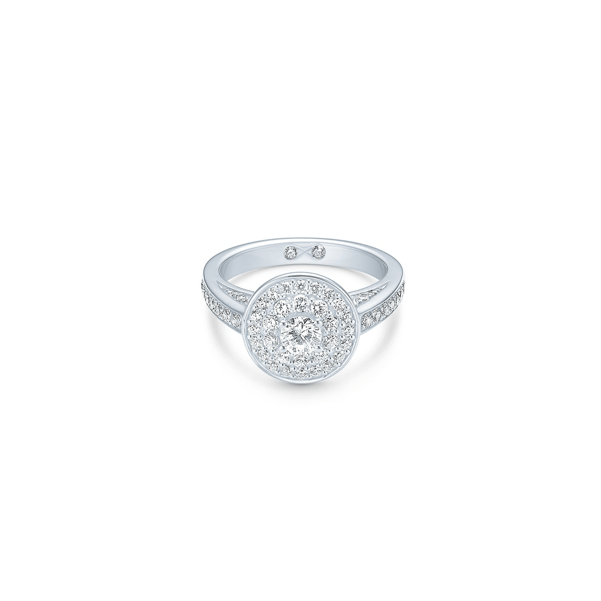 Eternity diamantring i hvitt gull med halo av diamanter, forfra