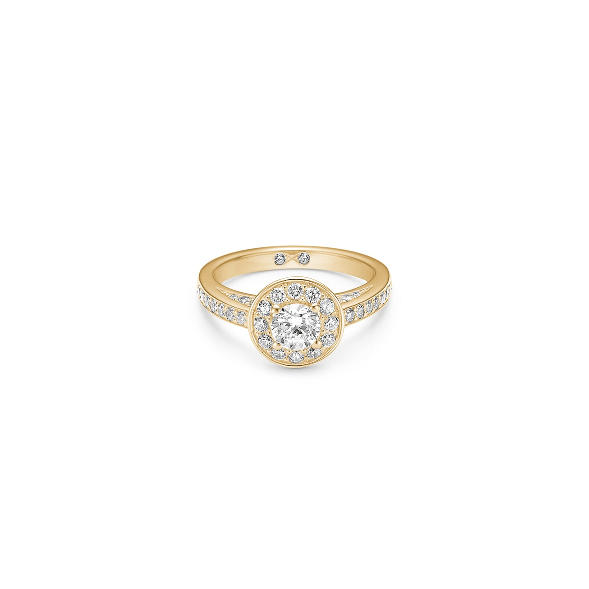 Eternity Diamond forlovelsesring fra Julie Sandlau i 18 karat gull med rund diamant omkranset av en diamantbesatt halo.