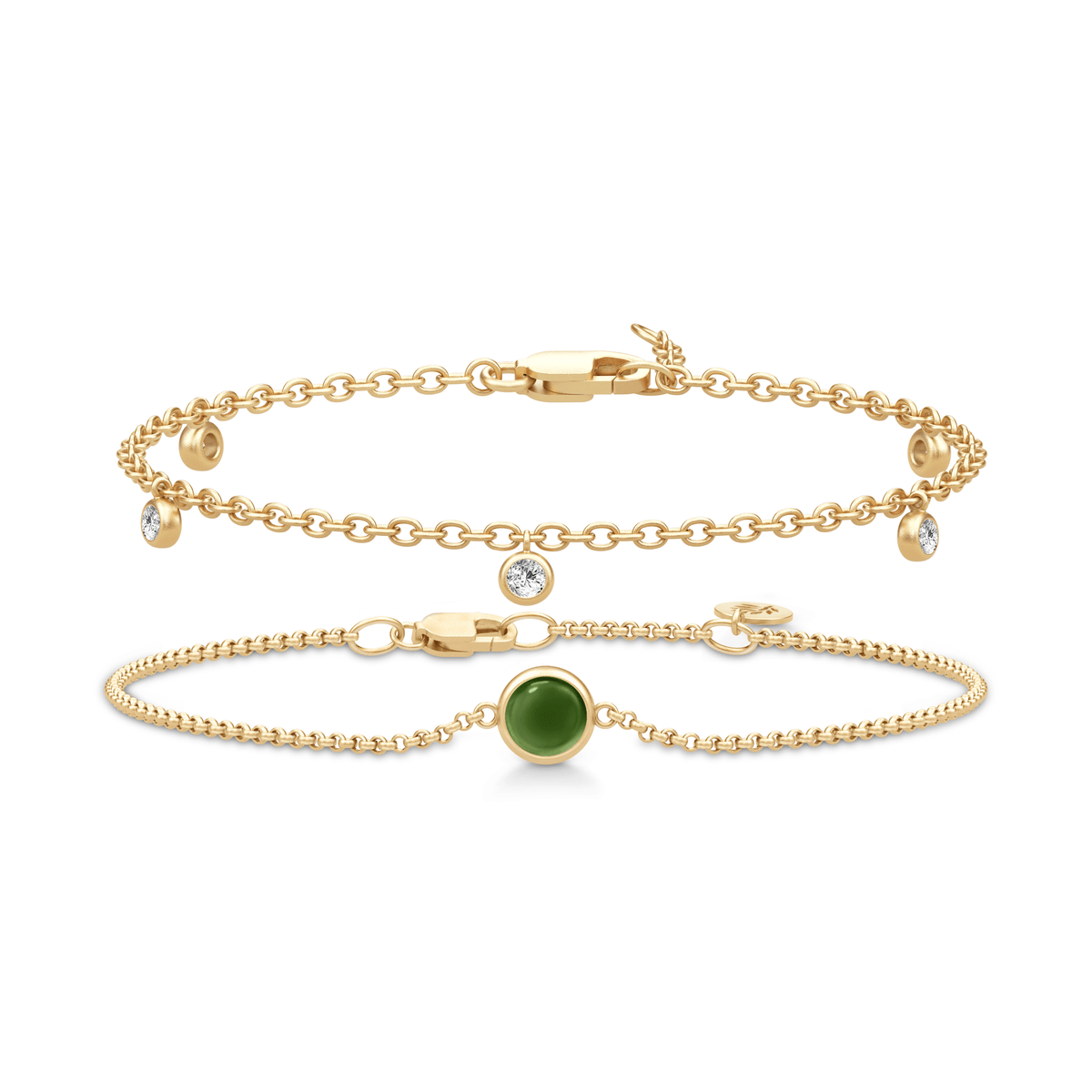 Primini and Grace Bracelet Look - to lagvise armbånd i forgylt sølv med grønn stein og zirkonia