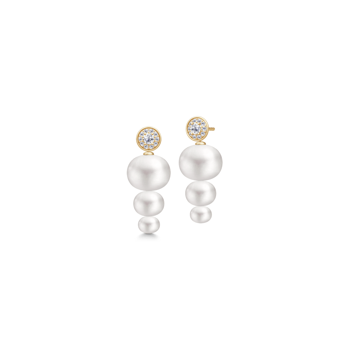 Lulia and Elin Look – diamantbesatte halo-studs med hvite ferskvannsperler i avtagende størrelse, produktbilde