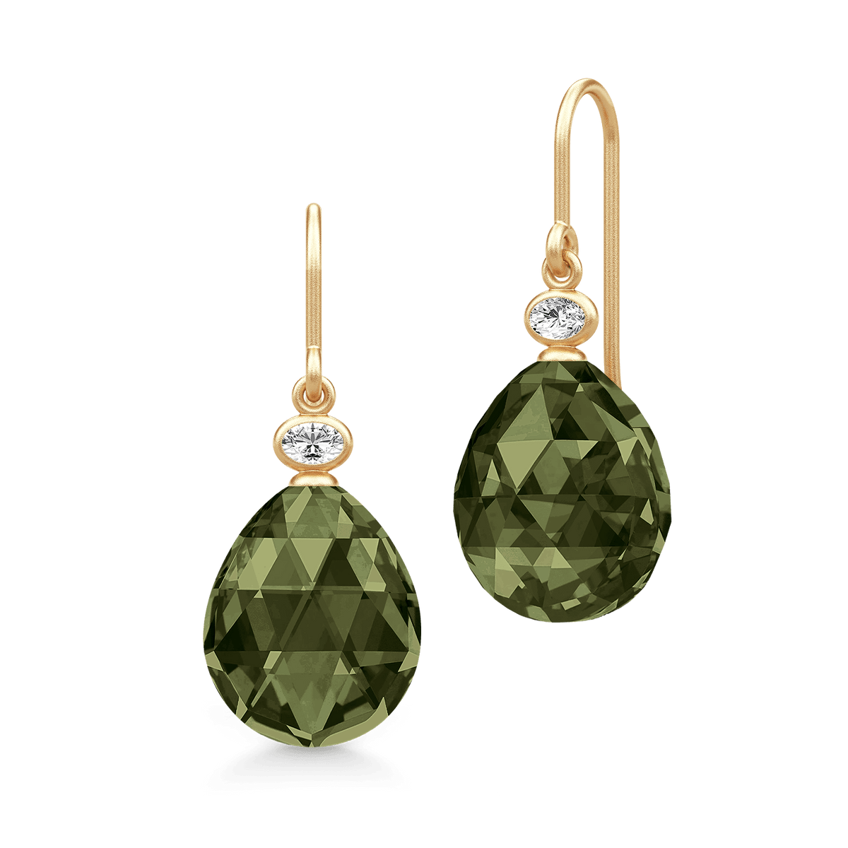 Ofelia øredobber i gull med olivengrønn rosenslepet krystall og diamant, produktbilde