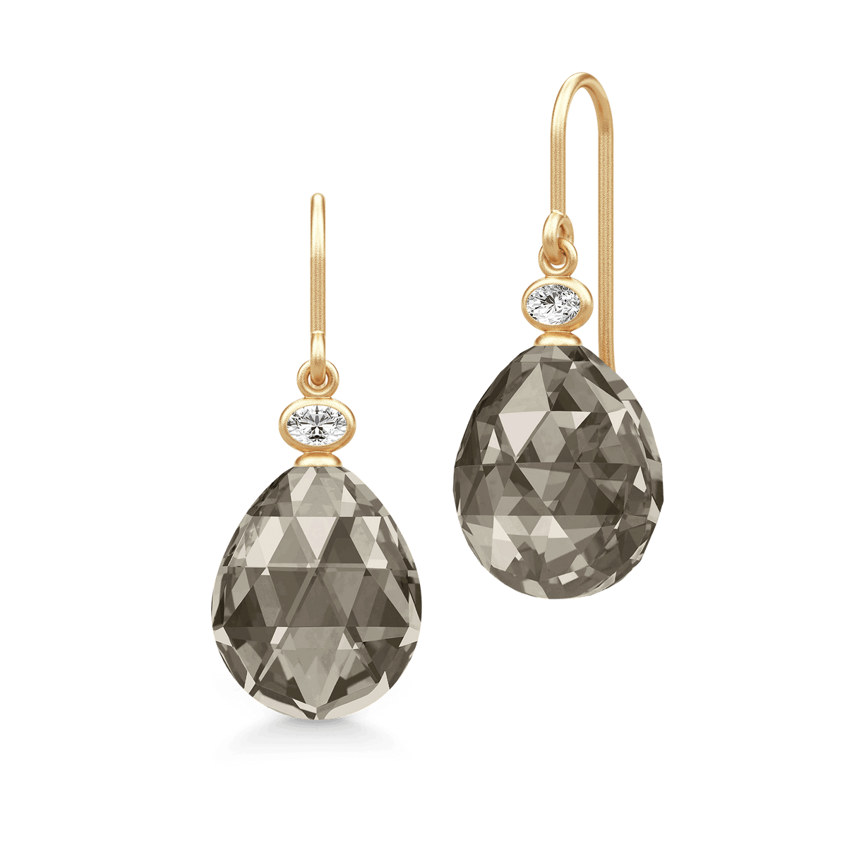 Ofelia øredobber i gull med grå røykfarget rosenslepet krystall og diamant, produktbilde