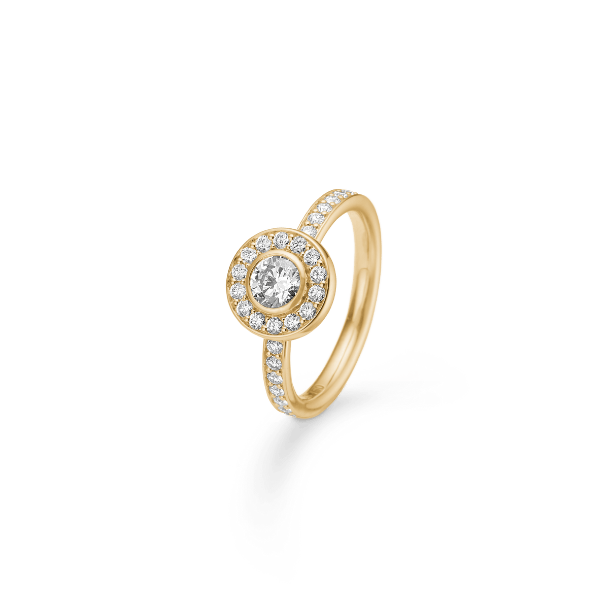 Heritage P.S. Ring i 18K gull, vist i vinklet studiofoto med diamantbesatt ringskinne