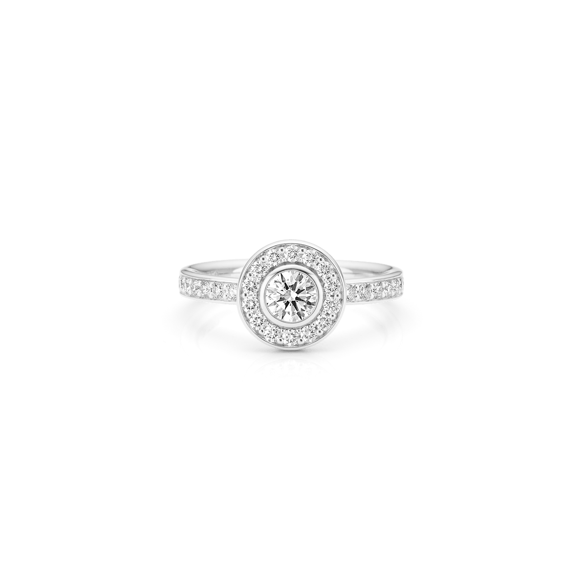 Heritage P.S. Ring i 18 kt hvitt gull med diamanthalo, produktfoto forfra