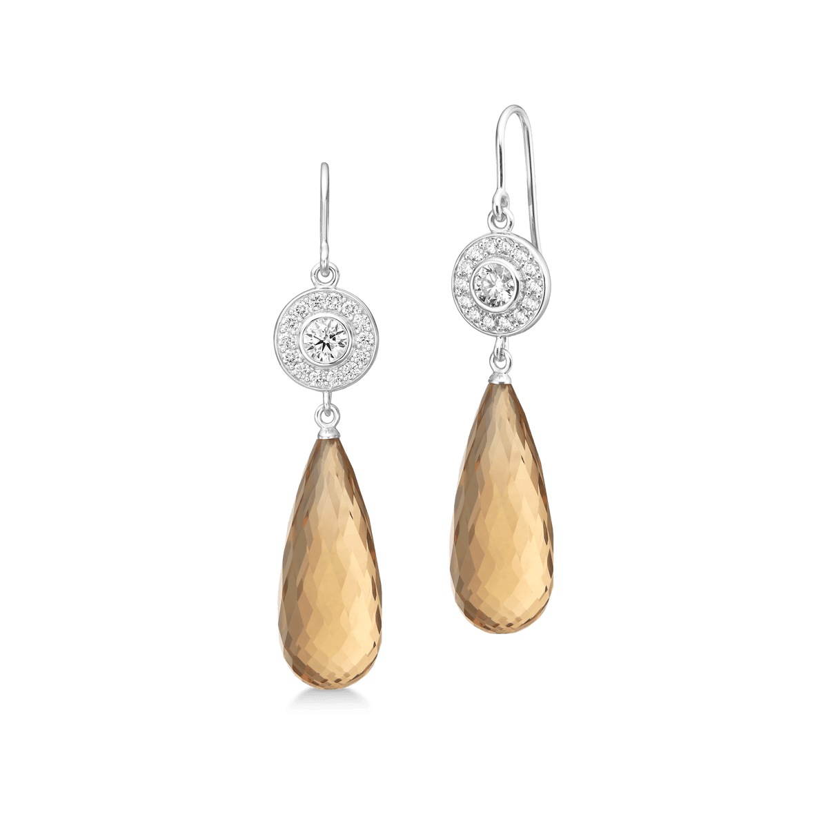 Heritage Earrings i 18 kt hvitt gull med pavésatte diamanter og Champagne Quartz-briolettedråpe