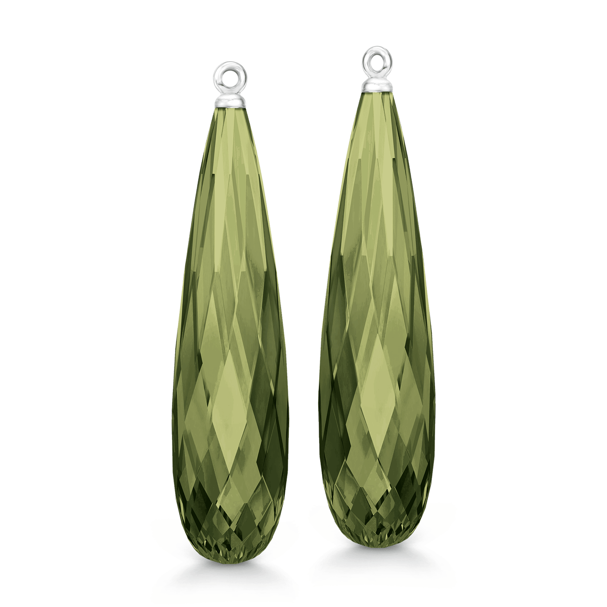 Par Briolette Ear Pendants i hvitt gull med avlange olivengrønne kvarts-briolettedråper