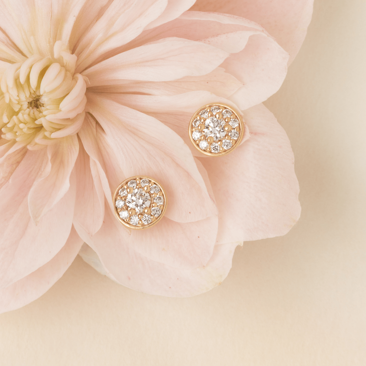 Lulia Halo Earstuds stylet på rosa blomst