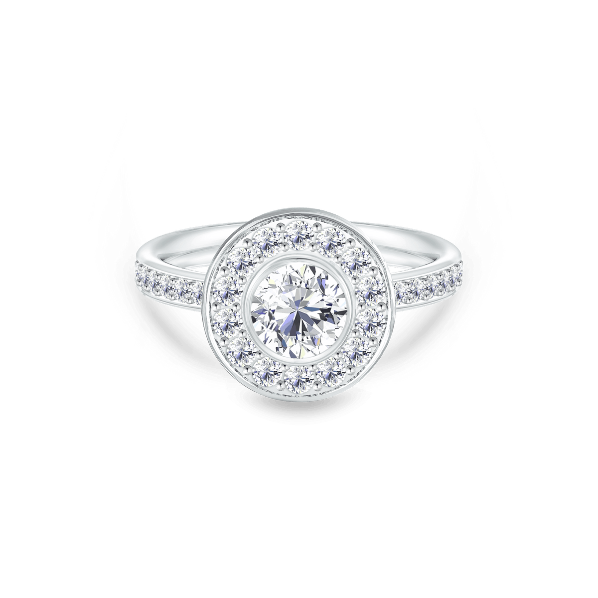 Heritage 0,9 ct. ring fra Julie Sandlau - halo-ring i hvitt gull med senterdiamant omgitt av diamanter og diamantbesatt ringskinne