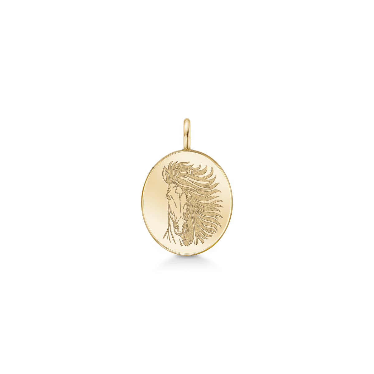 Classic Horse Pendant i gult gull med gravert hestemotiv, produktbilde