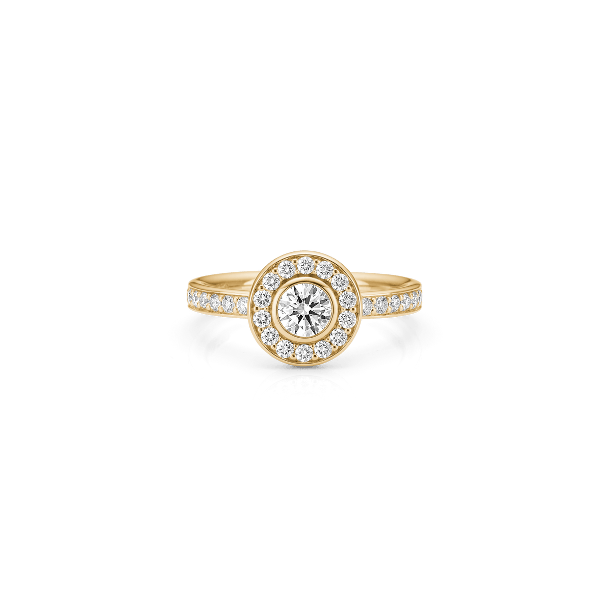 Heritage P.S. Ring i 18K gull med rund diamant omkranset av diamanthalo, sett forfra