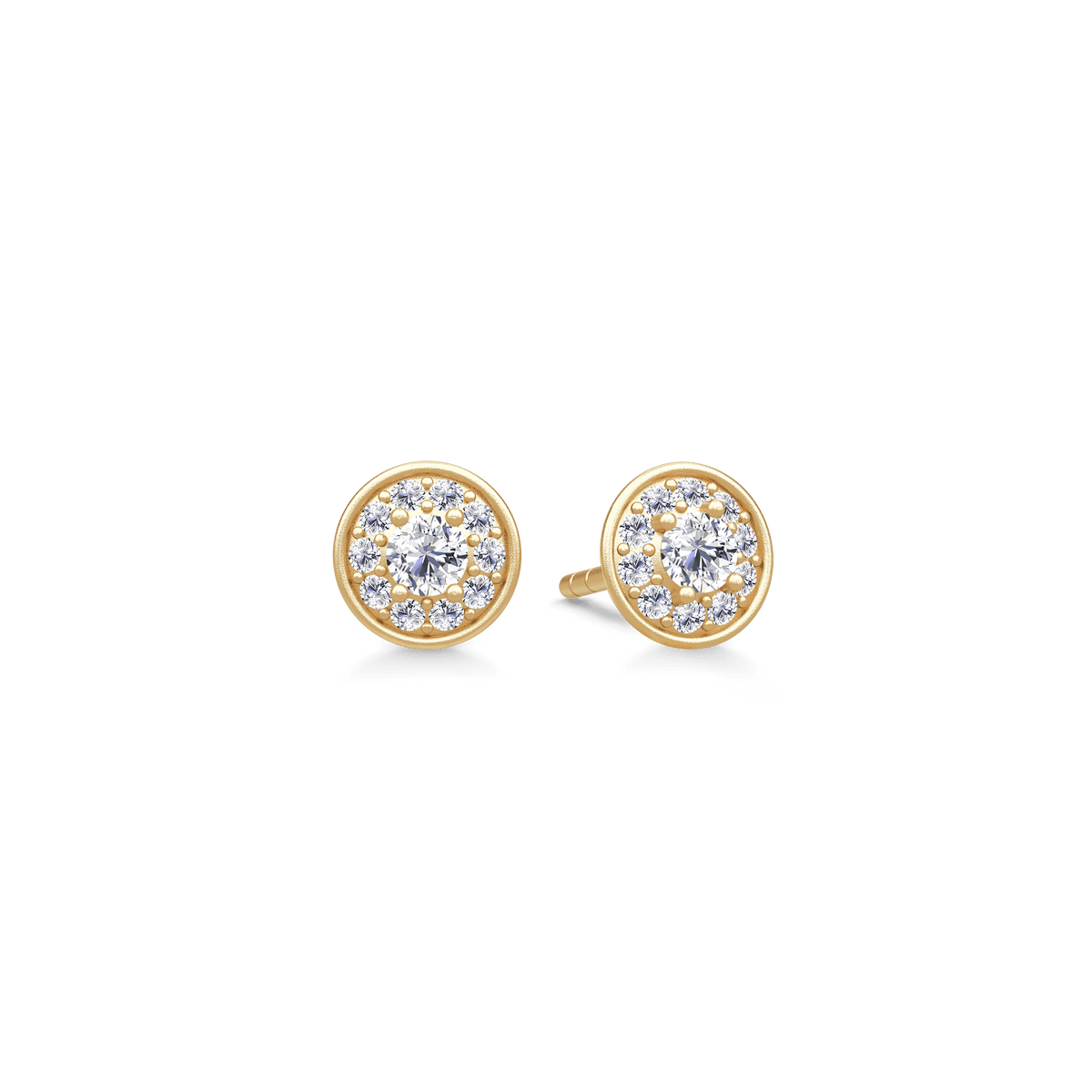 Lulia Halo Earstuds i gult gull med diamanthalo, par på hvit bakgrunn