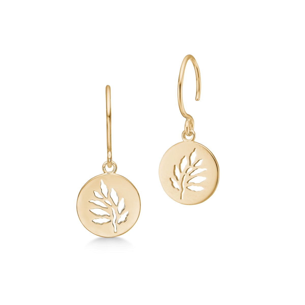Par gyldne ørehengere med rundt anheng med livets tre-motiv, Signature Earrings fra Julie Sandlau