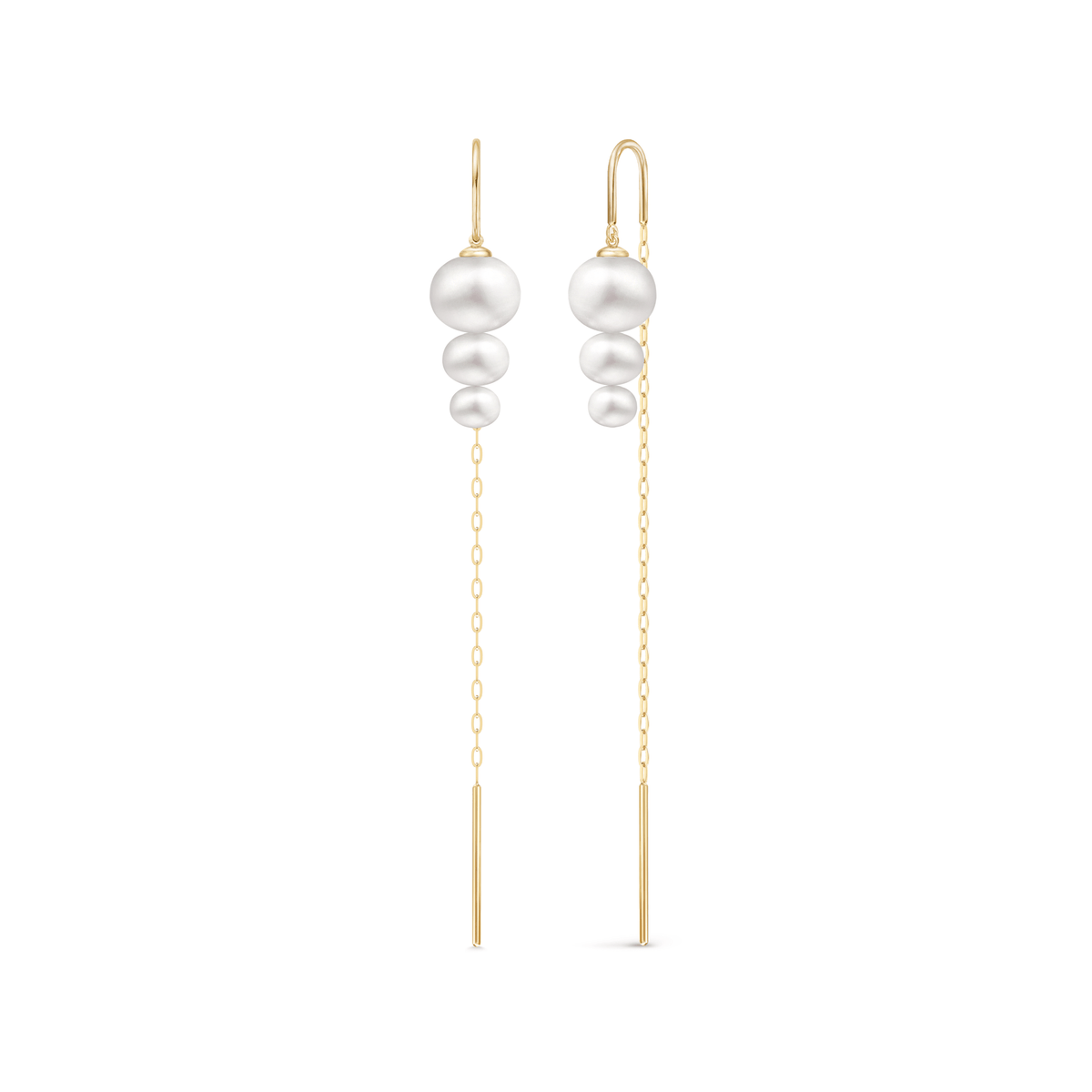 Eden Chain Earring, to øredobber med hvite ferskvannsperler og gullkjede, produktbilde