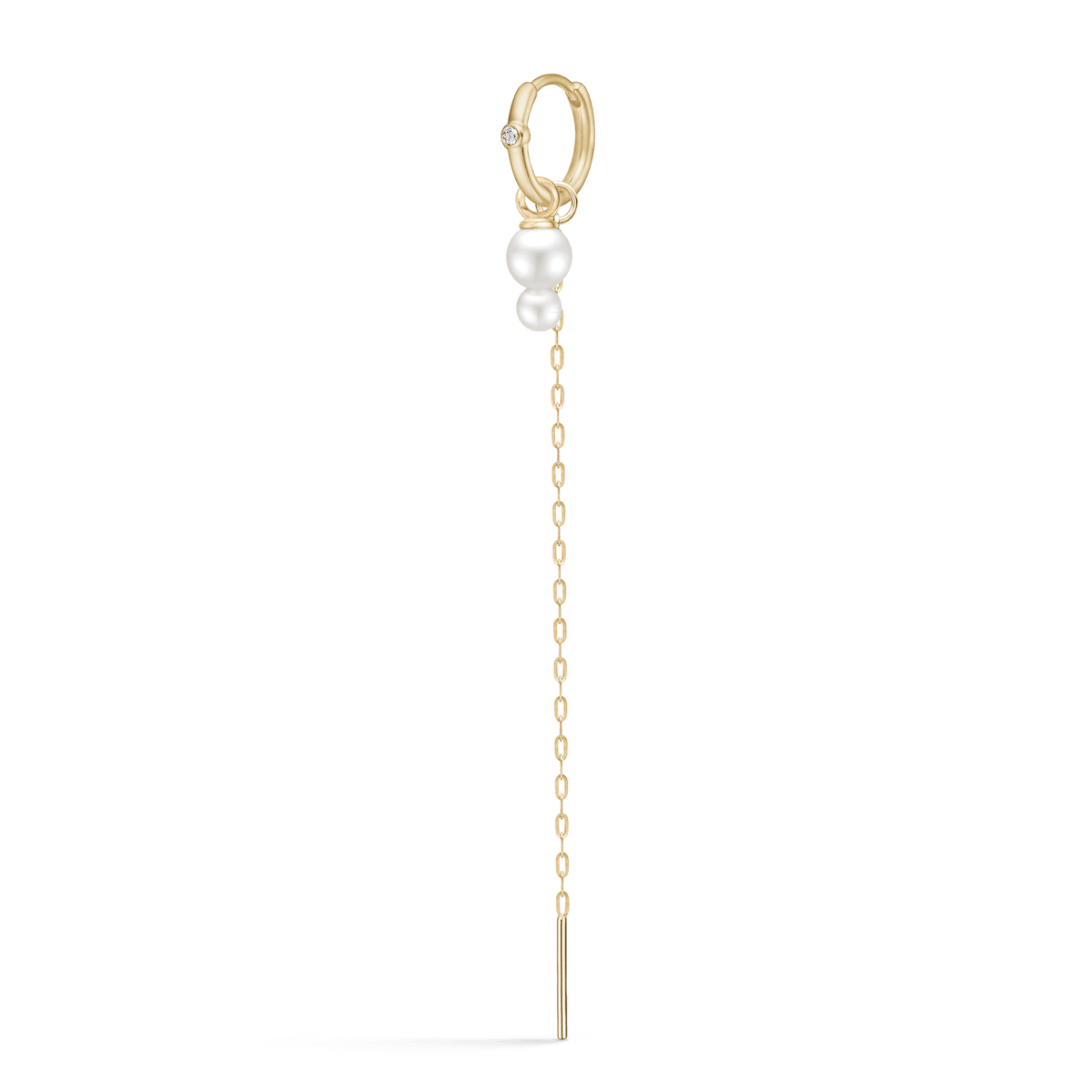 Purity Ear Pendant Look med hoops, ferskvannsperler og lang kjede, mot hvit bakgrunn