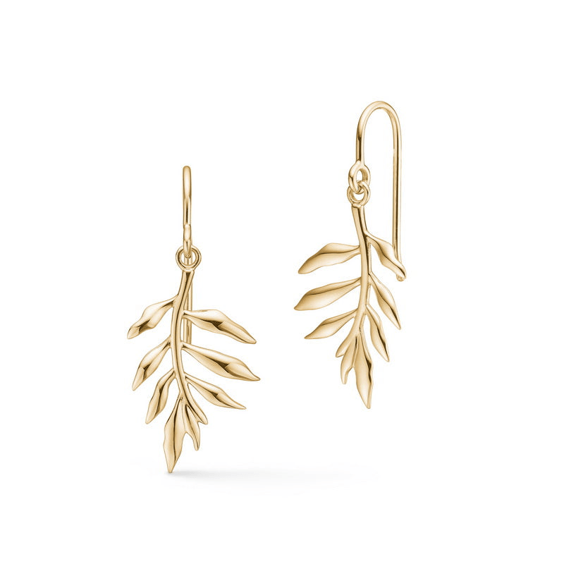 Tree of Life øredobber i 18K gull, bladformet anheng, studiofoto