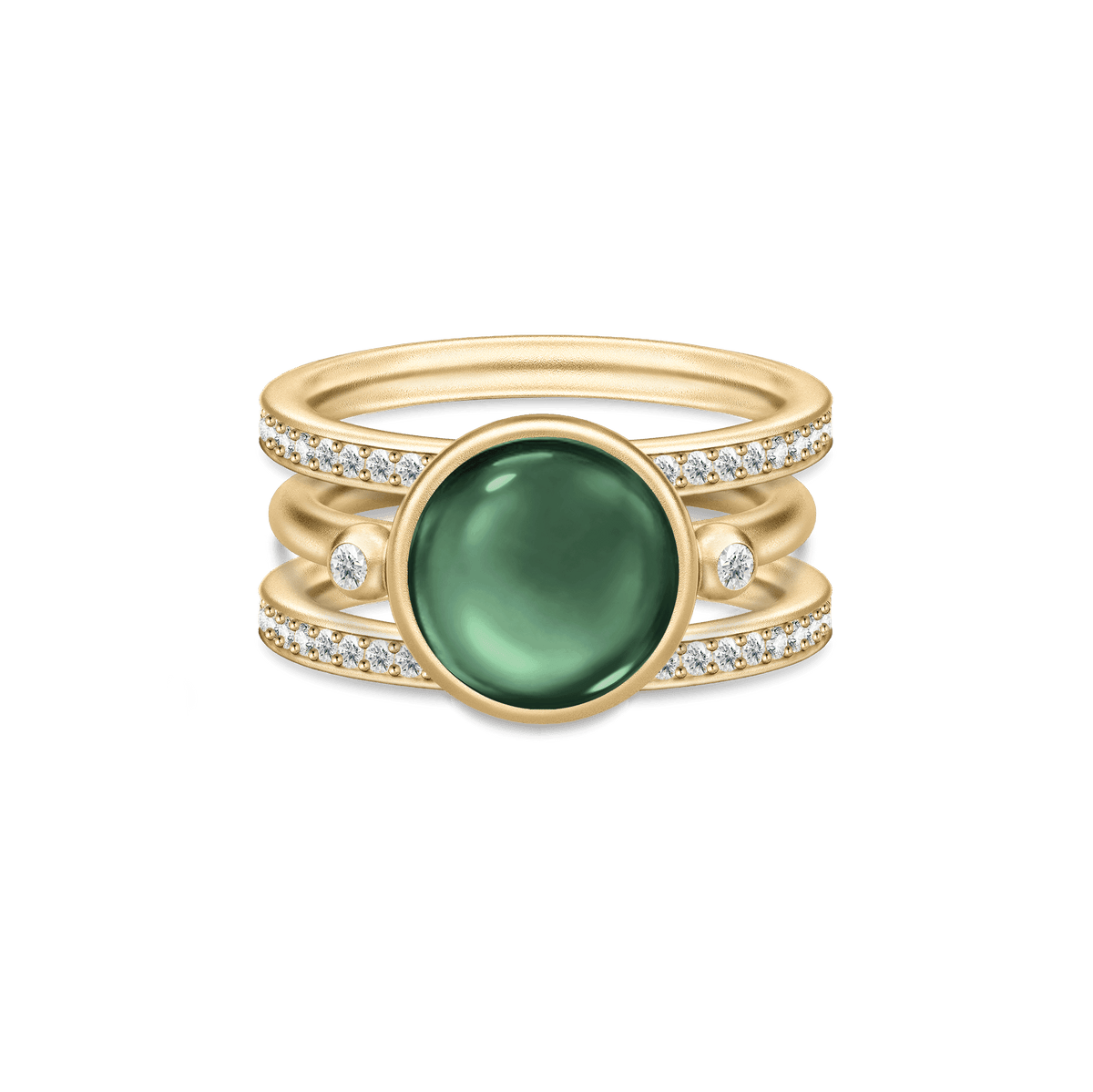 Billedfeil: Bildet viser en bred gullring med flerbånds design, en stor grønn cabochon-sten og diamanter på sidene, ikke Prime Double Infinity Look (som skal vise tre ringer: en Prime-ring med kubisk zirkonia mellom to smale Infinity-ringer).