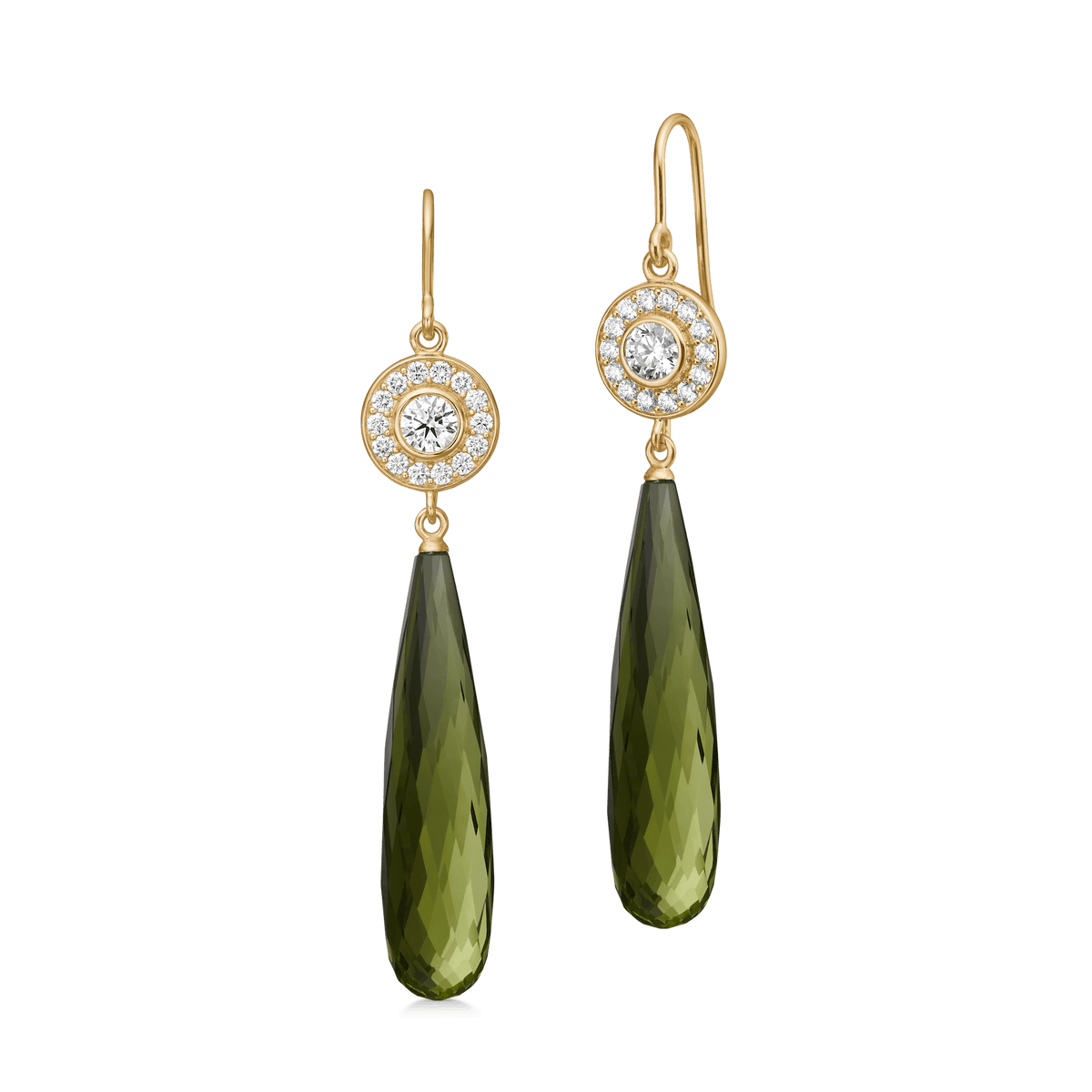 Heritage Earrings med Briolette Olive Quartz i gult gull, produktbilde